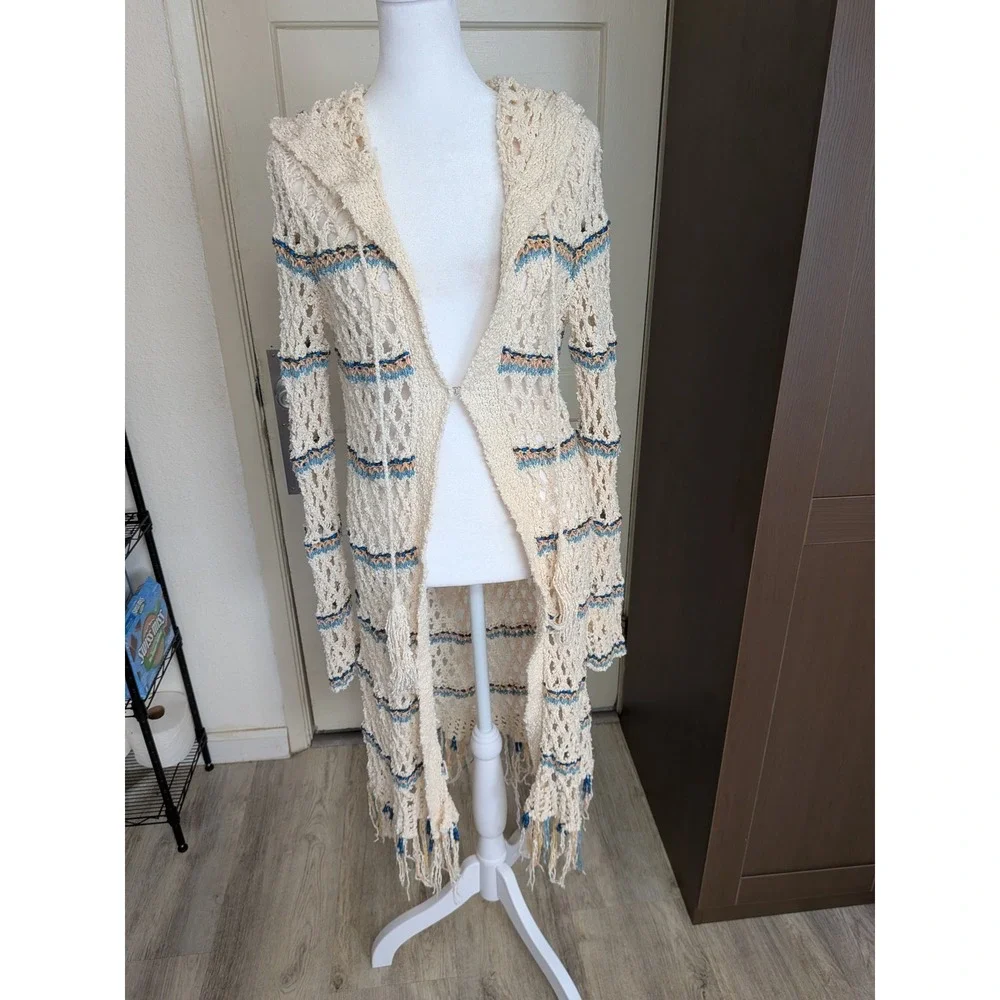 Free People Sunblock Cardigan Boho Crochet Fringe Duster Ivory Blue Small